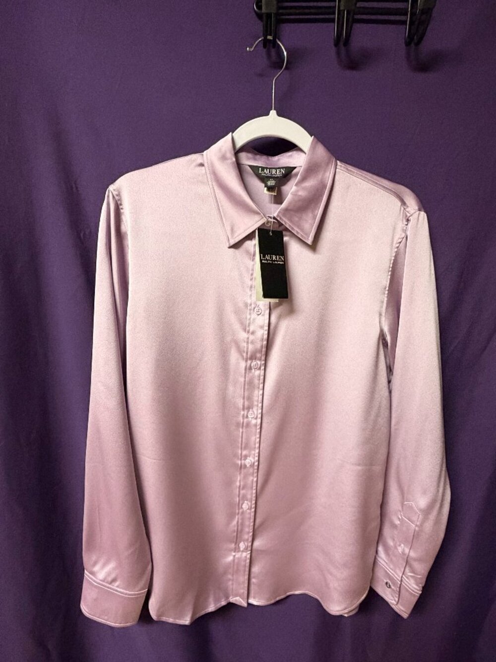 Lauren Ralph Lauren Women's Classic Fit Lilac Satin Charmeuse Blouse LG | NWT